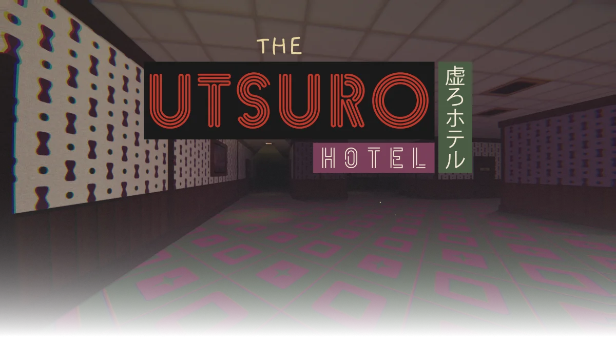 Key art: the Utsuro Hotel neon logo suspended over a dim hotel corridor with patterned wallpaper and a green carpet printed with pink diamonds, receding into darkness.