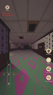 Portrait mobile view of a corridor with the on-screen turn and move controls at the lower left.