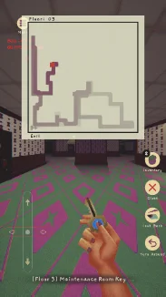 Portrait mobile view of the Floor 03 map screen overlaying the corridor, with the maintenance room key equipped.