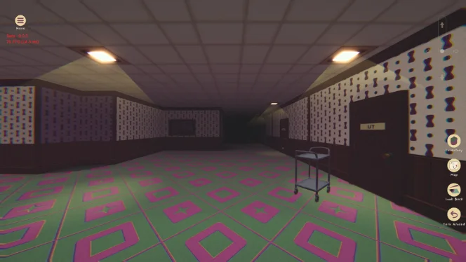 A wide hotel landing with an abandoned service cart, patterned wallpaper, recessed ceiling lights, and a door signed UT.